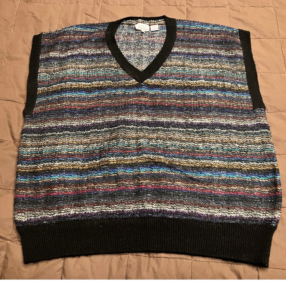 Vintage CST Studio Multi Color Striped Sweater Vest Mens 48 V-Neck Fuzzy Knit